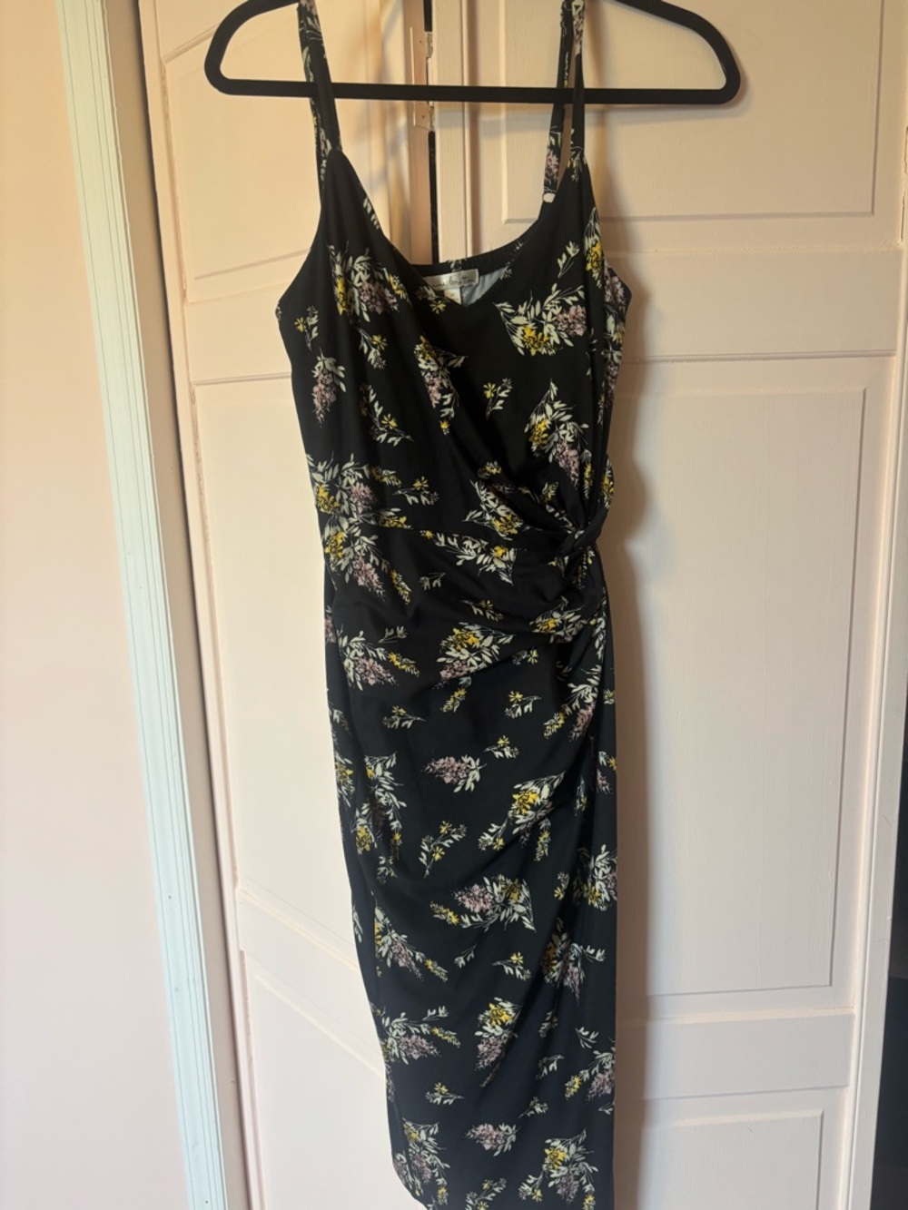 nine britton Black Floral Midi Dress with Side Twist